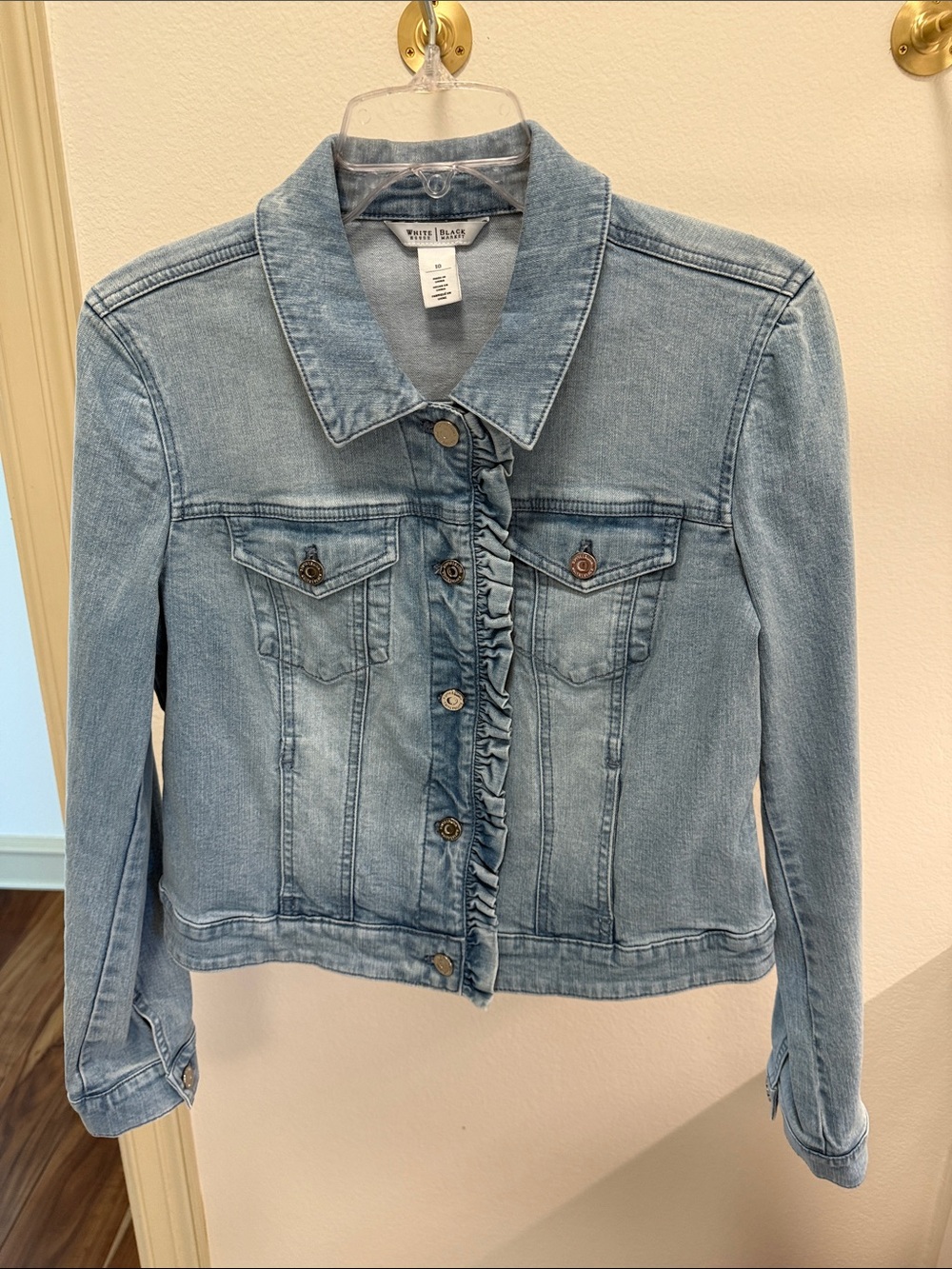 White House Black Market Light Blue Denim Jacket with Ruffle Trim